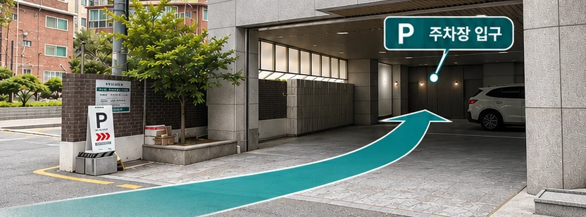 An arrow pointing into the parking entrance inside the building