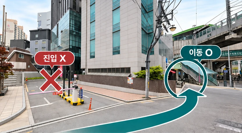 A no-entry mark over the left barrier and an arrow showing the road to the right
